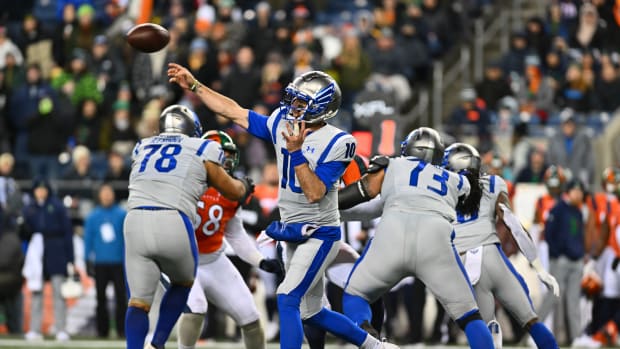 Feb 23, 2023; Seattle, WA, USA; St. Louis Battlehawks quarterback AJ McCarron (10) passes the ball against the Seattle Sea Dragons during the first half at Lumen Field. St Louis defeated Seattle 20-18. Mandatory Credit: Steven Bisig-USA TODAY Sports  